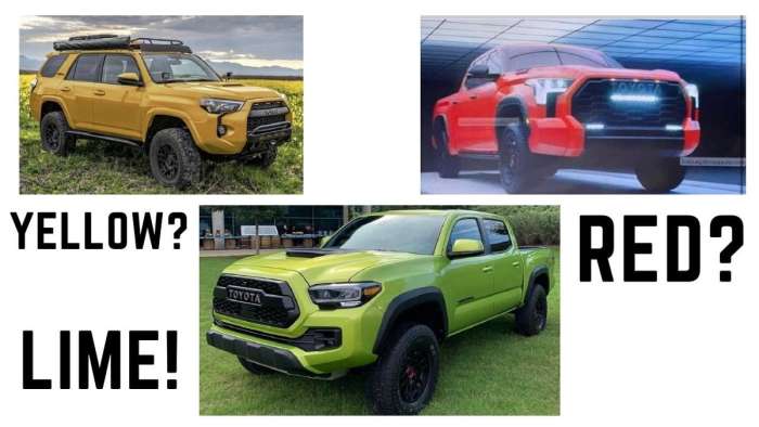 2022 Toyota Tacoma TRD Pro Electric Lime Metallic Profile view Toyota Tundra TRD Pro red 4Runner TRD Pro