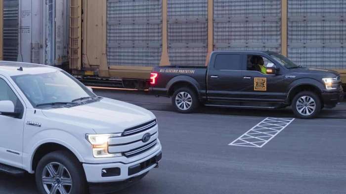Lined up and rolling, Ford's F150 EV Proto Pulls Its Weight