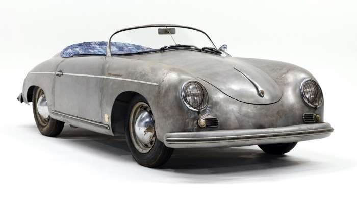 Image showing Daniel Arsham's Porsche 356 Bonsai art car with exposed body metal and denim soft top roof.