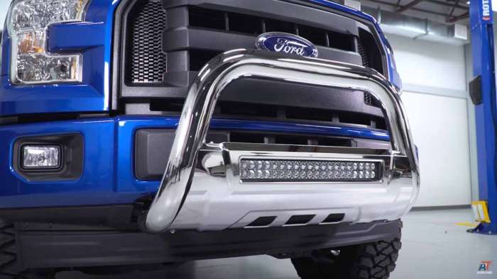 Bull bar on the grille of a Ford F-150