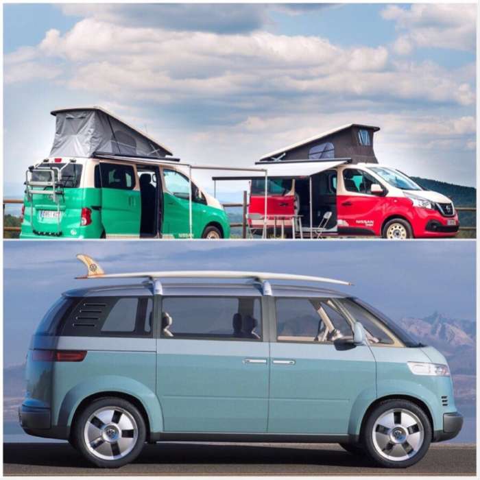 Nissan NV Electric Camper (top) and VW Buzz ID Bus (bottom)