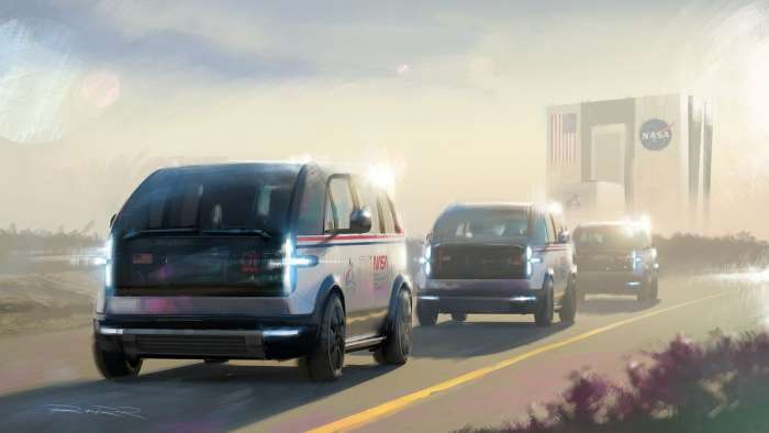 Image showing an artist's impression of three Canoo LVs transporting astronauts to the Kennedy Space Center launch pad.