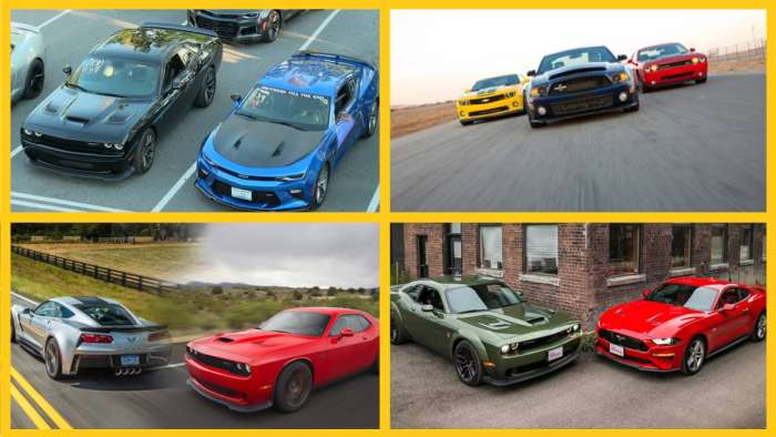 A comparison of the Dodge Challenger against it's competitors, the Chevy Camaro and Corvette, and Ford Mustang