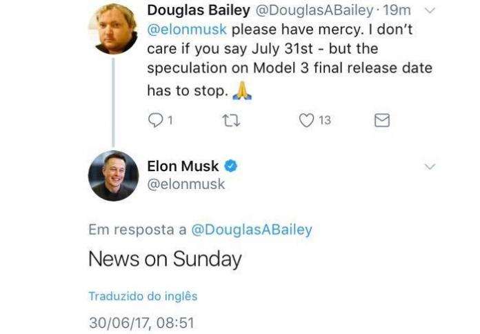 Elon Musck Sunday Model 3 Tweet