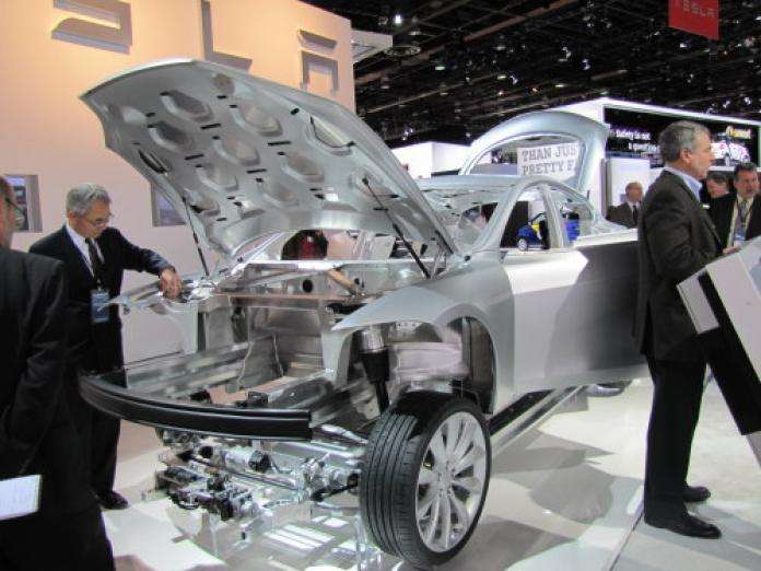 Tesla Model S illuminates aluminumbody structure at 2011 Detroit Auto