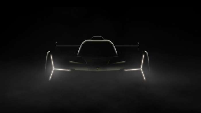 Teaser image of Lamborghini's 2024 Le Mans Hypercar entrant showing its headlight shape and large rear wing.