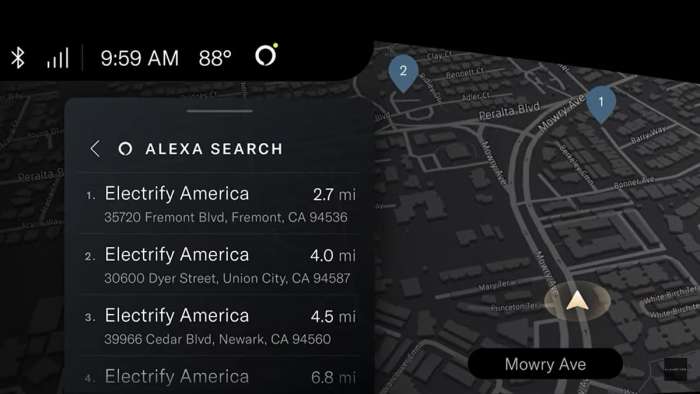 Image showing Alexa search results for a query about charging stations, as well as their locations on a map relative to the Lucid Air.