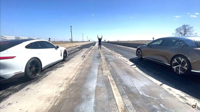 Image showing the Porsche Taycan Turbo S lined up against the Lucid Air Dream Edition P at a drag strip.