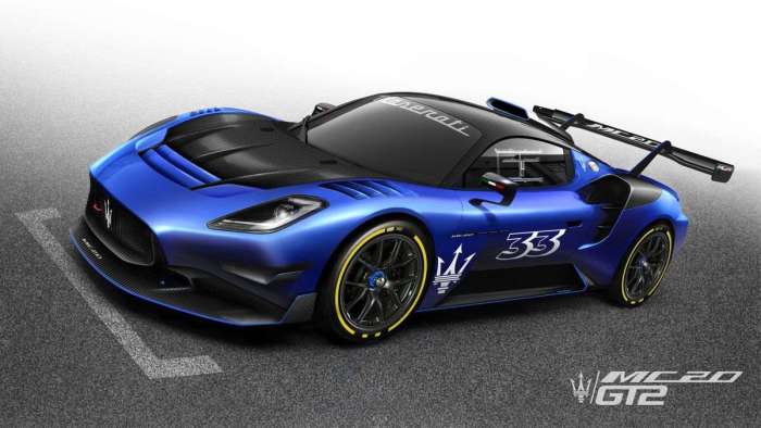 Rendering of the upcoming Maserati MC20 GT2 with blue paint, a black hood and roof and a large rear spoiler.