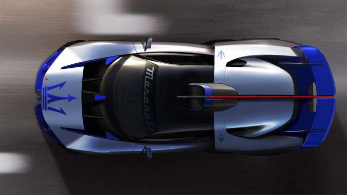 Aerial view of Maserati's MC20-based Project24 track-only supercar showing its aggressive new bodywork.