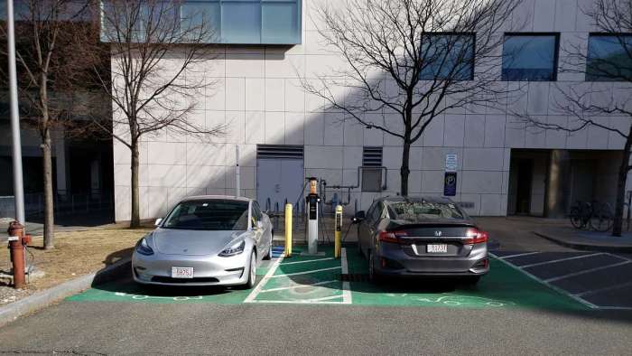 Tesla Model 3 and Honda Clarity PHEV charging at MIT.