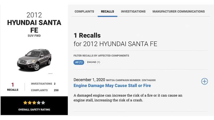 2012 Hyundai Santa Fe recall notice sample