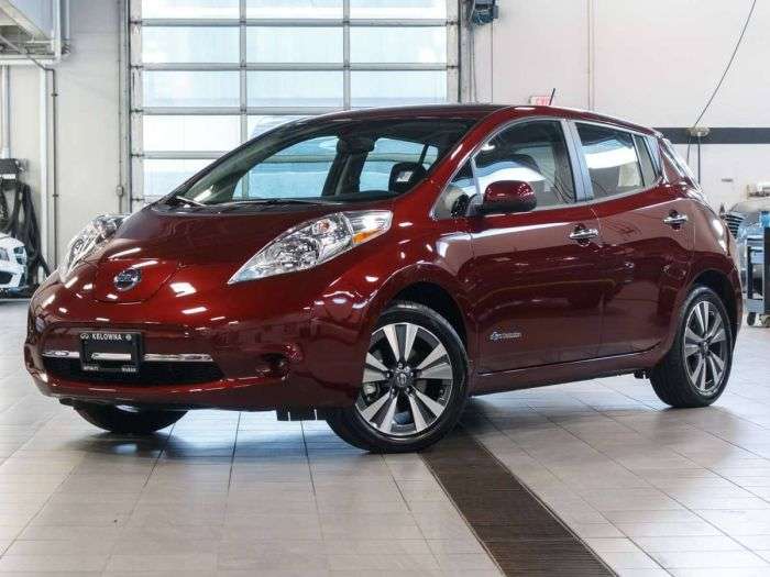 Red Nissan Leaf in a dealership 1200x90 size