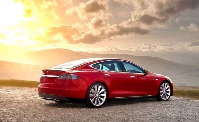 Red Tesla Model S with Chill and Easy Entry modes