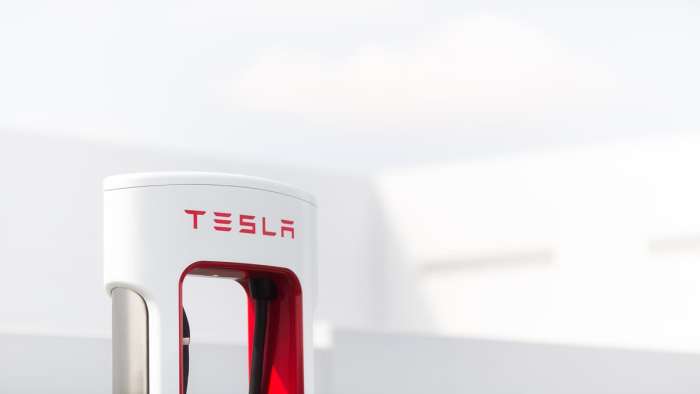 Tesla logo on a Supercharger