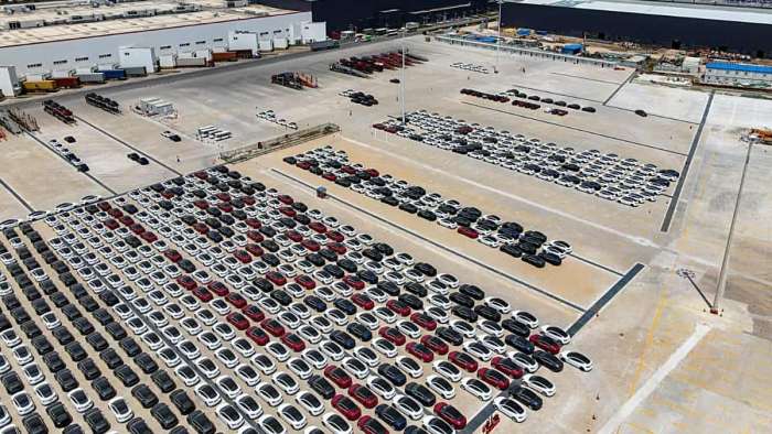 Tesla Giga Shanghai's Parking Lot with Vehicles Ready to Be Delivered