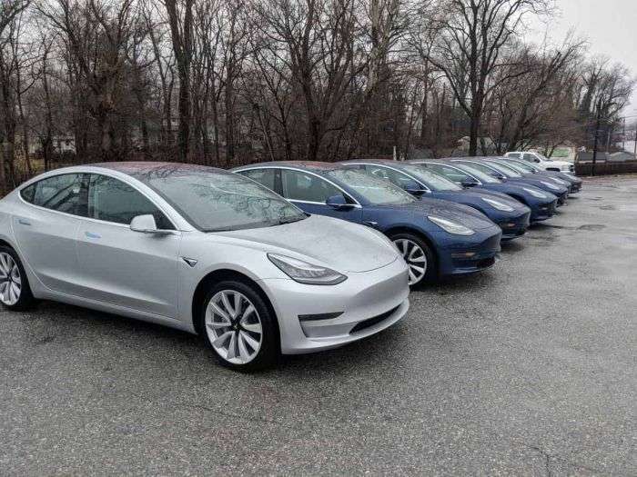 Tesla Model 3 cars parked