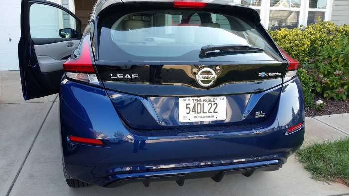 The rear view of the 2019 Nissan Leaf Plus Deep Blue Pearl Color