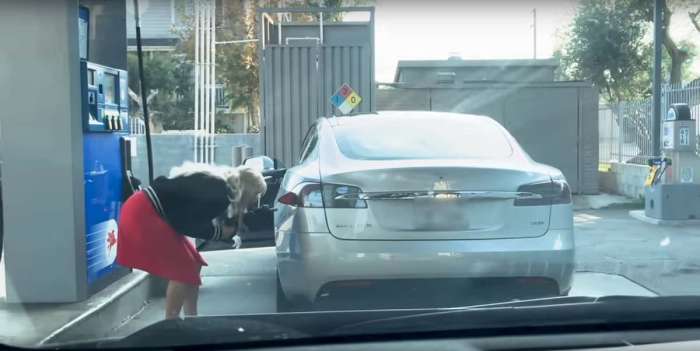 Woman tries to put gas in Tesla - Video.