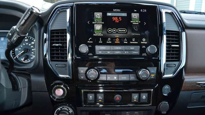 infotainment touchscreen of the the 2020 Titan Platinum Reserve Crew Cab