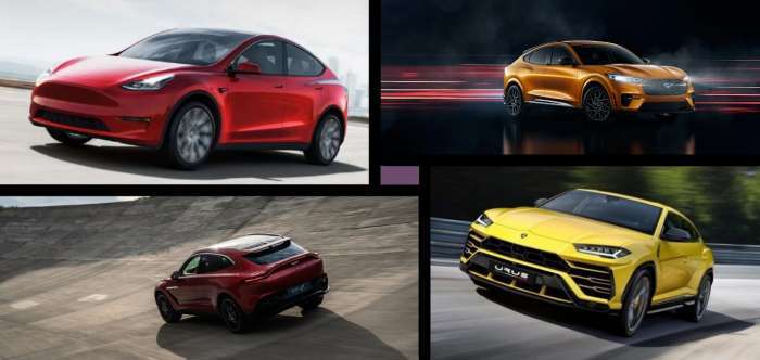 Tesla Model Y, Aston Martin DBX, Lamborghini Urus, and Mustang Mach E.