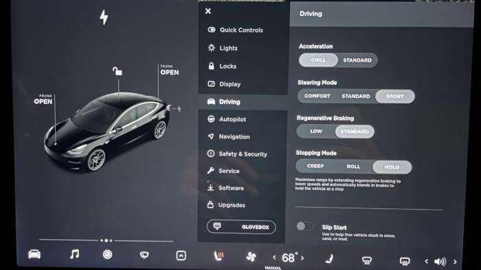 Tesla Model 3 Driving settings screen