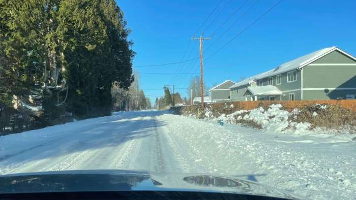 Snow covered road in Birch Bay, WA