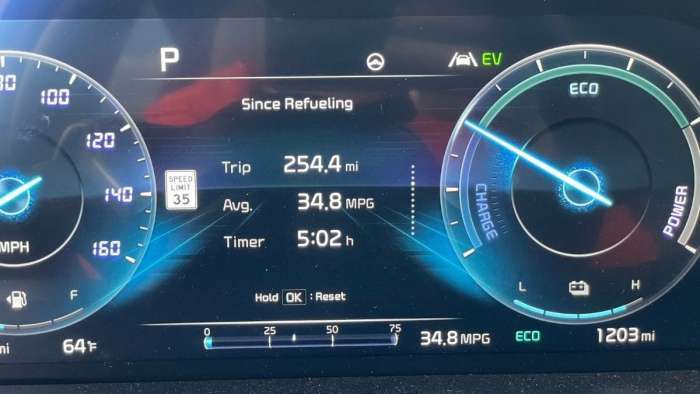 Sorento PHEV fuel economy display showing 34.8 mpg