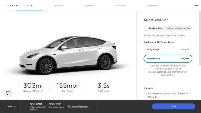 US prices for the Model Y