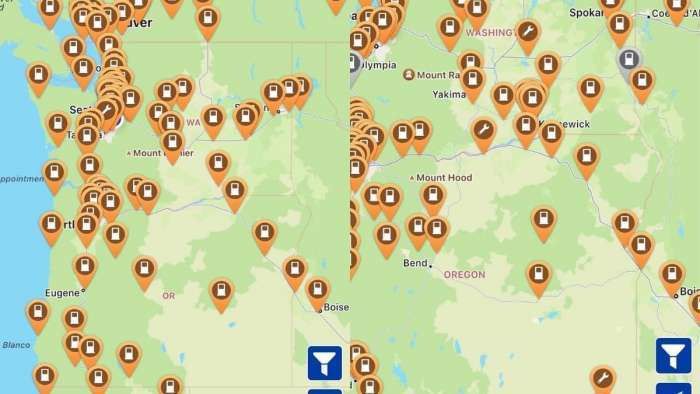 PlugShare app showing Tesla and CCS high speed chargers in Pacific Northwest