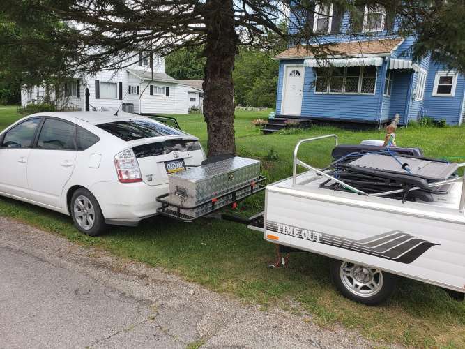 Toyota Prius White Towing Pop Up Tent Trailer