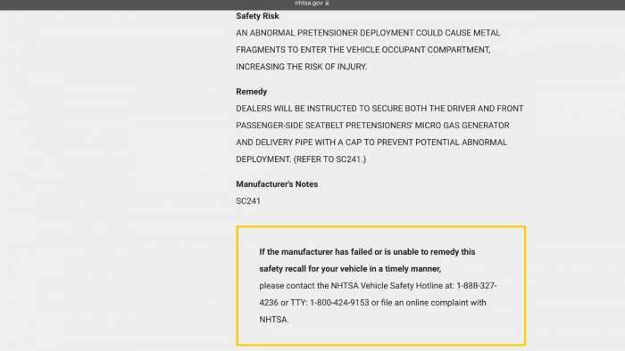NHTSA safety recall notice, page 2