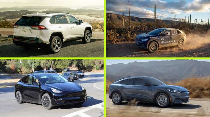 Clockwise from top left, The Toyota RAV4 Prime, Volkswagen ID.4, Mustang Mach E, and Tesla Model Y