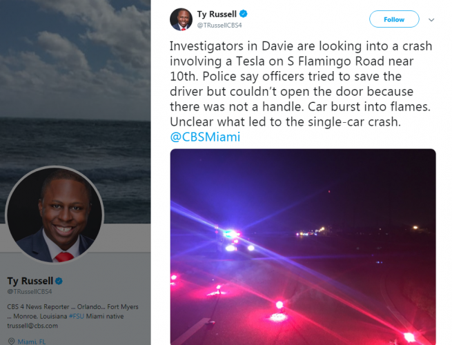 Driver killed when speeding Tesla crashes into palm trees in Broward County