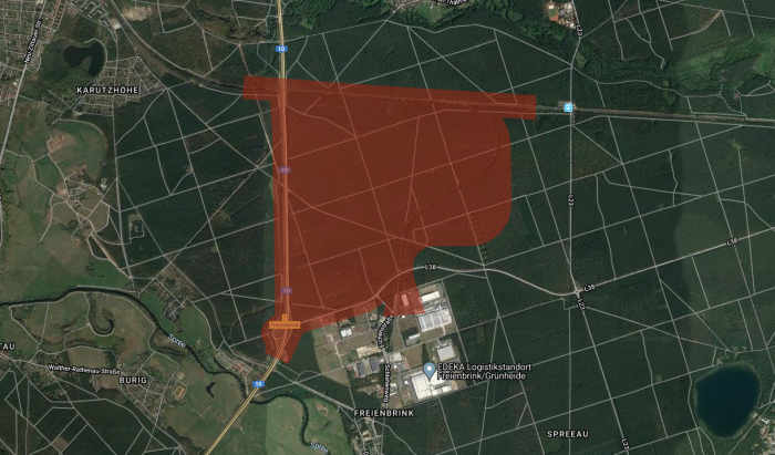 Tesla Giga Berlin 100 meter radius map
