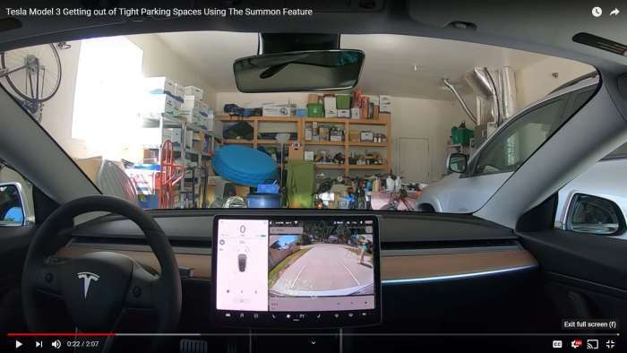 Tesla Model 3 Summon taking car out of tight garage inside view