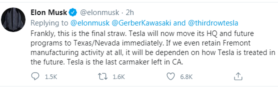 Elon musk tweet on moving Tesla out of California