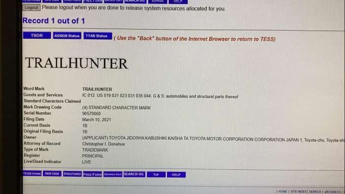 Toyota Trailhunter trademark request