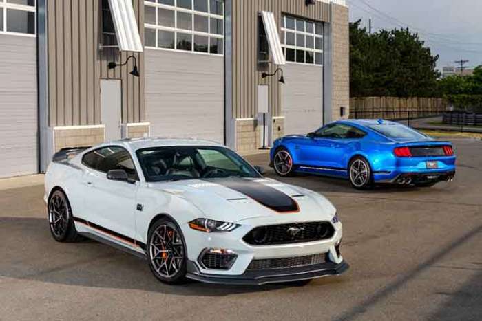 2021 Mustang Mach 1 in white and blue