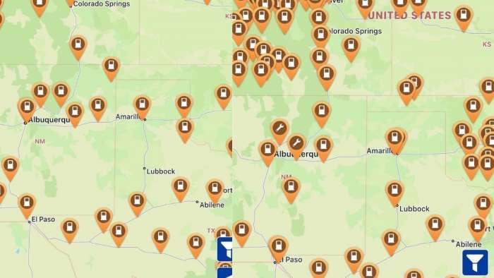 PlugShare app showing Tesla and CCS high speed chargers in West Texas-Eastern New Mexico