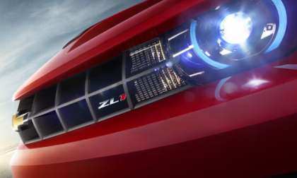 The headlight and badging of the Chevy Camaro ZL1