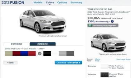 A screenshot of the 2013 Ford Fusion config site with pricing
