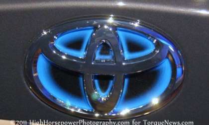 The Toyota logo of the 2011 Prius