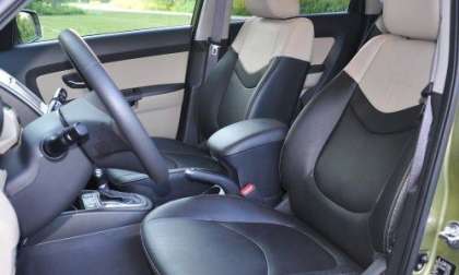 The front interior of the 2012 Kia Soul! with the Sand/Black leather