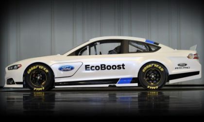 The side profile of the 2013 Ford Fusion NASCAR race car