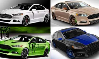 A collage of artwork teasing the 2013 Fusion sedans coming to SEMA