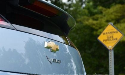 The rear logo of the 2013 Chevy Volt