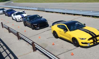 Five GT350R Mustangs lined up at Grattan