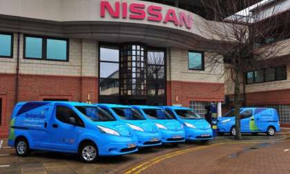 British Gas e-NV200 vans in front of Nissan HQ in UK