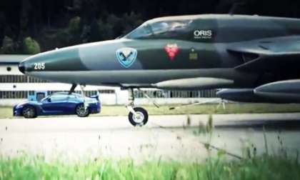The Nissan GT-R racing the Oris Swiss Hunter jet. Still from YouTube video. 
